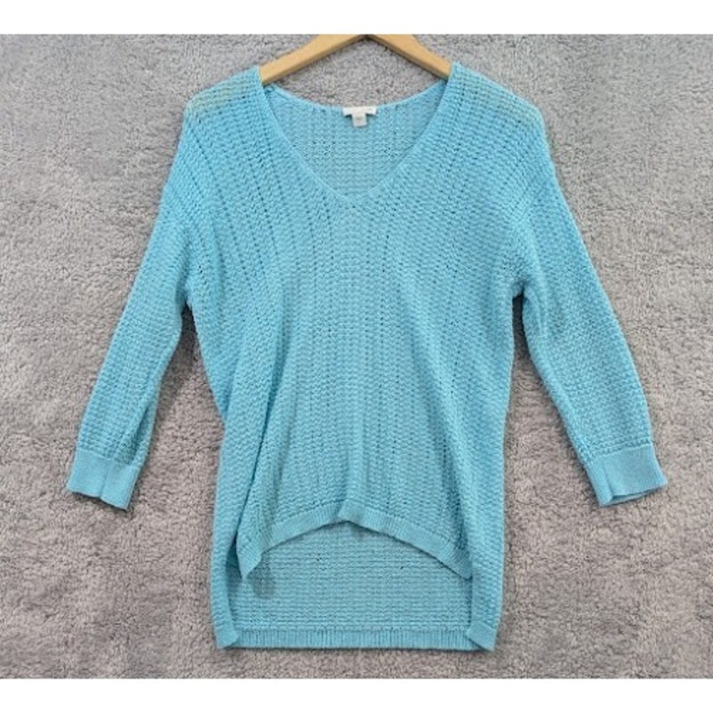 J Jill Open Knit Pullover Sweater Women's Medium Blue V-Neck‎ High Low Hem Tunic